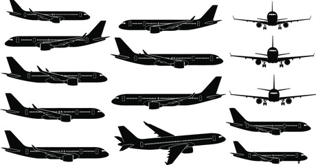 Comprehensive set of black airplane silhouettes and commercial aircraft icons in various flight angles and perspectives for aviation design © Najmul