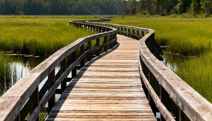 Fototapeta premium Wooden boardwalk path winding through a lush green wetland with vanishing point perspective