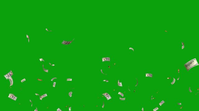 Money explosions green screen, Falling money. American money paper one hundred dollars banknotes. 100 dollar bills loop bills. Cash money. Concept of investment and saving, wealth, corruption, income