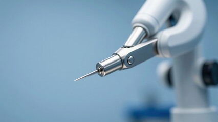 Robotic arm with a needle attachment poised for precise medical procedure or manufacturing process in a sterile environment with a focus on advanced technology and automation.