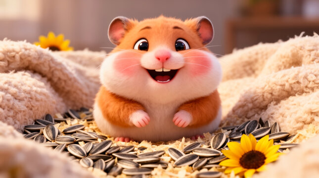 Cheerful orange-and-white cartoon hamster smiling with puffed cheeks, holding sunflower seed, cozy blanket, warm sunflower backdrop, snack time joy