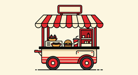 Flat design illustration of a food truck with a striped awning and menu items on display against a plain background.