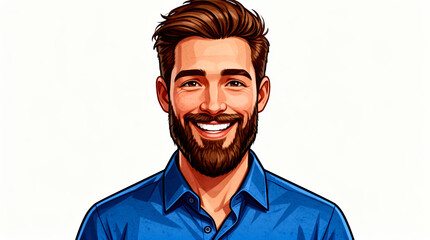 Obraz premium Cheerful Cartoon Portrait of Bearded Man in Blue Shirt Smiling Confidently, Modern Flat-Design Illustration for Business Branding