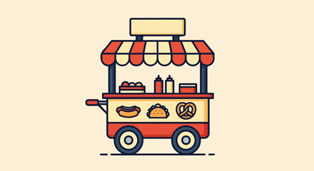 Illustration of a colorful food cart with a striped awning, featuring various snacks, against a clean background with a simple composition.