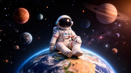 Naklejka premium Cross-legged 3D cartoon astronaut in red-accented suit perched on vibrant blue-green Earth, gazing at Jupiter, Saturn and star-filled cosmos, evoking wonder and exploration.
