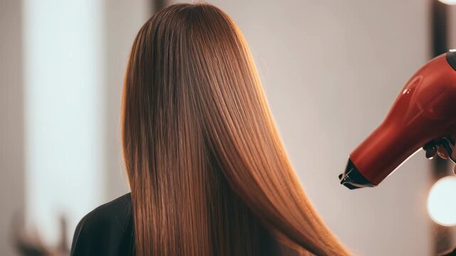 Woman with long, shiny, straight brown hair is sitting in the salon chair while her professional stylist dries it with a blow-dryer. Beautiful hairstyle. Close-up of hair styled with an electric dryer