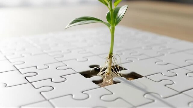 New Plant Growing from White Jigsaw Puzzle on Wooden Table.