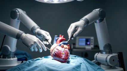Robotic surgical arm poised over a patient in a medical setting with sterile equipment nearby ready for precise operation.