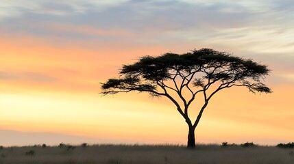 Fototapeta premium Lone acacia tree silhouette against warm sunset sky