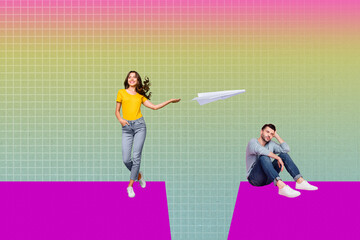 Collage of two happy young people with paper plane jumping across gap symbolizing success business...