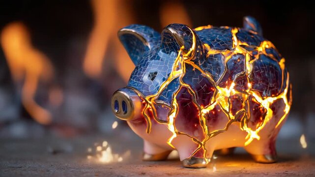 32Artistic macro shot of piggy bank in flames, ceramic texture cracking under heat, glowing firelight, deep shadows, powerful metaphor for inflation and financial loss