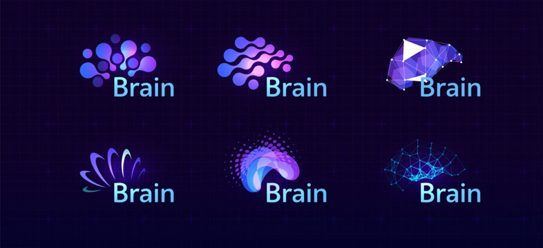 Brain Logo Icon Smart Digital Transformation Symbol AI Artificial Intelligence Computer Neural Science Research Technology. Abstract Creative Future Brains Set Logos Purple Color. Vector Illustration