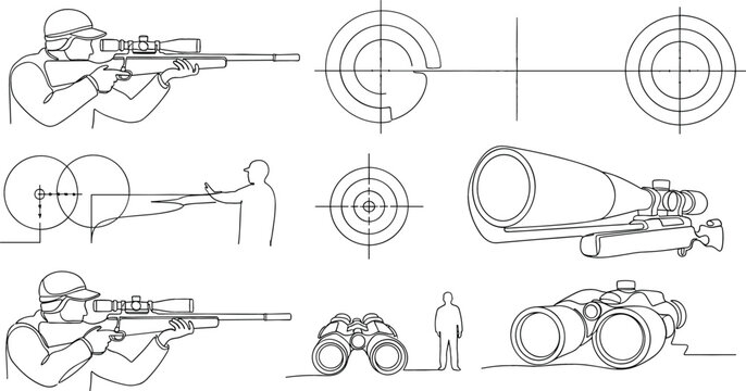 Continuous line art vector of sniper equipment with rifle binoculars and scope for surveillance and long range observation