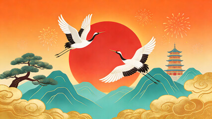 Fototapeta premium Modern Chinese style illustration of cranes flying over mountains at sunset