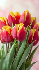 Fototapeta premium Red and yellow tulips with green leaves flower