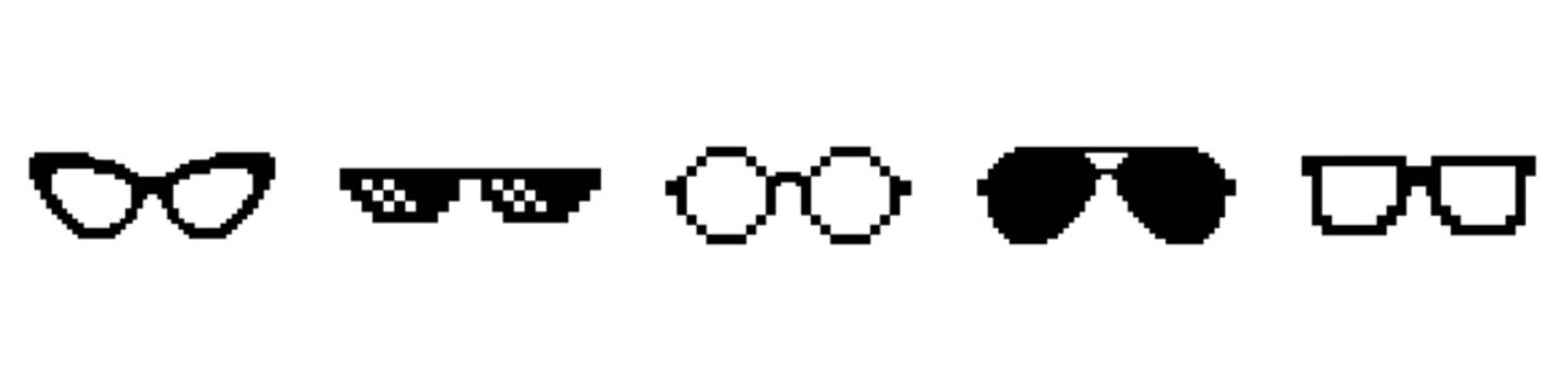 Pixel Art Sunglasses Set Icons 8-Bit Thug Life Meme Glasses Collection Isolated on White Background