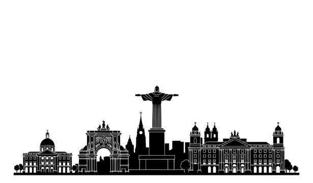 Flat Lisbon skyline silhouette icon featuring Christ the King statue for Portugal travel branding