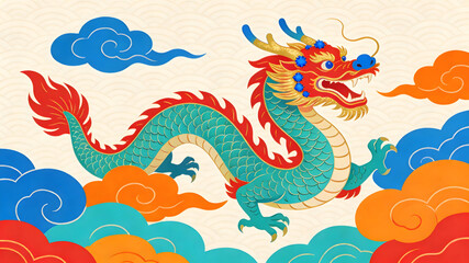 Obraz premium Majestic Chinese dragon soaring through colorful auspicious clouds