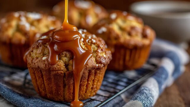 49Macro shot of caramel sauce pouring over warm muffins, caramel pooling in crevices, muffin tops slightly cracked, soft bokeh background, indulgent dessert photography style