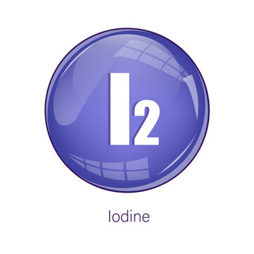 Iodine formula icon. Purple sphere symbol. Chemical science Vector. Glossy glass button.