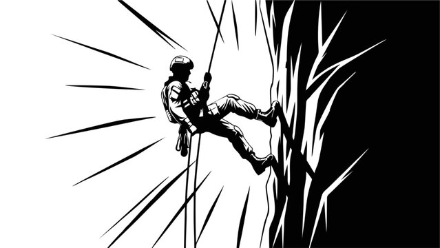 High Contrast Black and White Illustration of Soldier Rappelling Down a Cliff Face