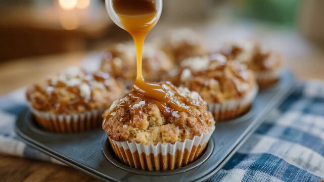54Fresh muffins on a baking tray being drizzled with caramel, thick golden sauce flowing in ribbons, warm kitchen light, cozy homemade dessert atmosphere