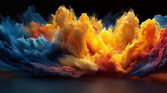 暗い背景で爆発的に拡散するオレンジと青の流体インク
