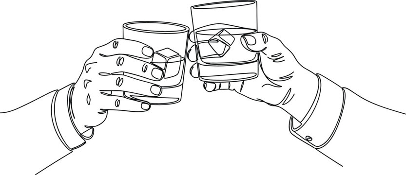 Continuous line art vector of two hands clinking whiskey glasses with ice cubes for celebration toast.