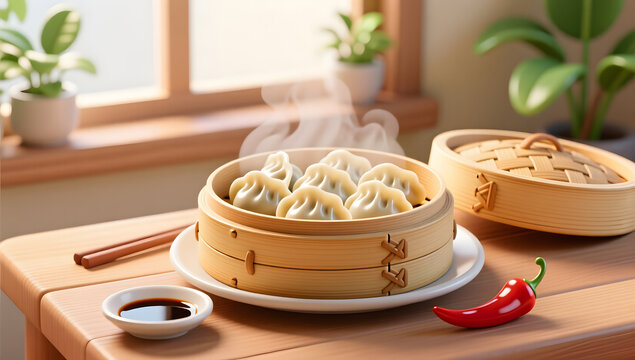 Realistic 3D cartoon dumplings in a bamboo steamer