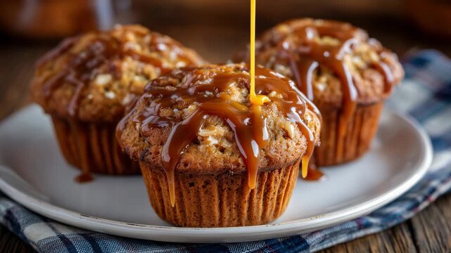64Artisan muffins drizzled with thick caramel sauce, detailed textures of baked crust and smooth sauce, warm ambient lighting, indulgent dessert photography concept