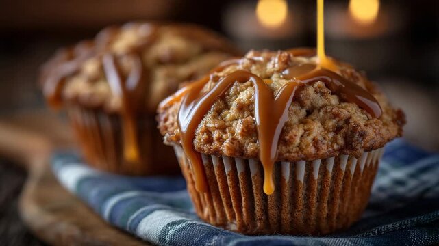65Artisan muffins drizzled with thick caramel sauce, detailed textures of baked crust and smooth sauce, warm ambient lighting, indulgent dessert photography concept