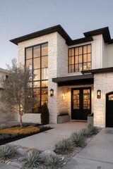 Fototapeta premium Stylish home exterior with large windows and simple landscaping, located in a residential area, showcasing modern architecture during the evening hours