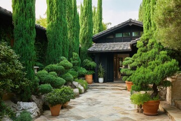 Fototapeta premium A charming garden pathway winds its way to a lovely house enveloped by towering trees, vibrant potted plants, and carefully tended foliage, creating a peaceful oasis