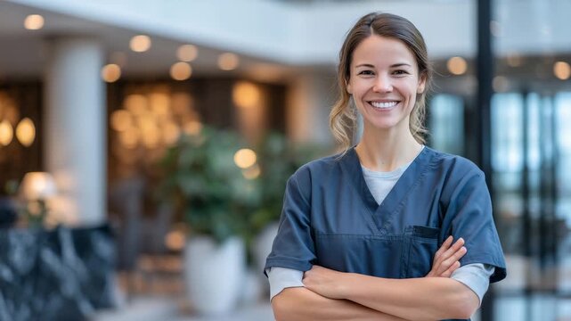 75Healthcare worker standing proudly in a hospital setting, warm smile, professional posture, clean modern interior, gentle lighting highlighting trust, care, and reliability