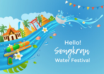 Songkran Water Festival Decorative Background with Water Splash and Thai Architecture