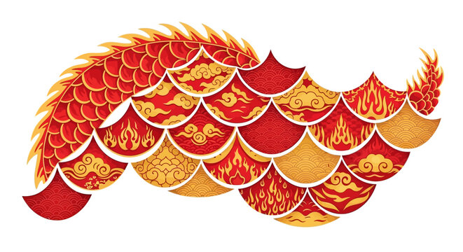 Vibrant red and gold Chinese dragon tail with intricate patterns