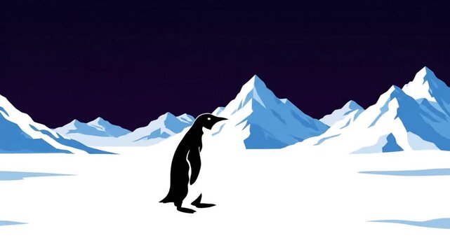 A lone penguin stands on icy terrain with snow-capped mountains under a dark sky in generated video