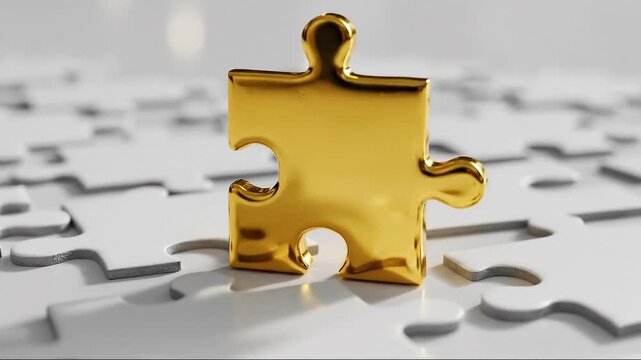 Shiny Golden Puzzle Piece Stands Out Amidst White Pieces on Table.