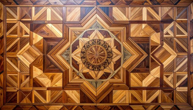 Brown, tan, dark oak wood. Ornate wood floor inlay with intricate geometric border and central medallion for luxury classical interior architecture and craftsmanship.