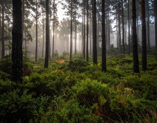 Obraz premium Tall pine trees rise through a misty forest floor covered in greenery.