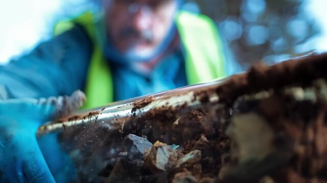 Medium shot of a worker inspecting thick sludge and grease buildup inside a transparent pipe section highlighting the environmental impact of poor septic maintenance.