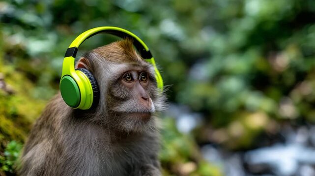 281Close-up of a monkey with neon green headphones, thoughtful expression, blurred jungle background, contrast between vivid tech accessory and natural environment, reflective and whi