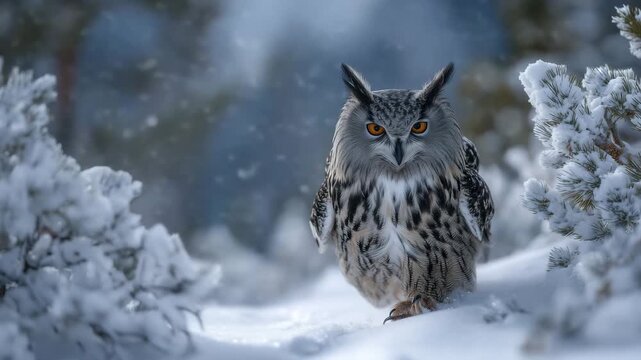 290Close-up of a majestic owl walking through fresh snow, sharp amber eyes focused ahead, detailed feather patterns glistening with frost, soft snowfall in the background, tranquil wi