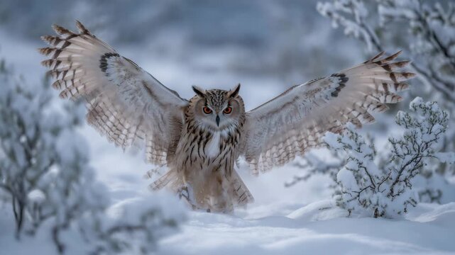 292Owl striding across a snow-covered clearing, feathers fluffed against the cold, intricate patterns visible on wings and back, serene winter trees softly blurred behind, piercing ga
