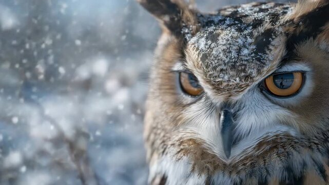 291Macro close-up of owl&rsquo;s face and plumage, snow dusting feathers, icy landscape reflected in sharp eyes, subtle soft-focus winter forest in background, ethereal and majestic atmosph