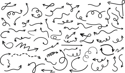 Charcoal hand drawn pencil arrows. Doodle curved chalk darts. Texture design elements of scribble lines. Vector illustration of hand painted crayon check lines.