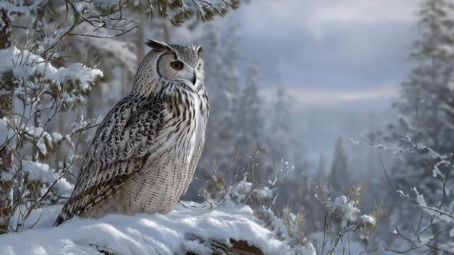 297Majestic owl with detailed feathers navigating snow, soft shadows on white ground, serene snowy forest beyond, subtle snowfall enhancing winter atmosphere, focused and contemplativ