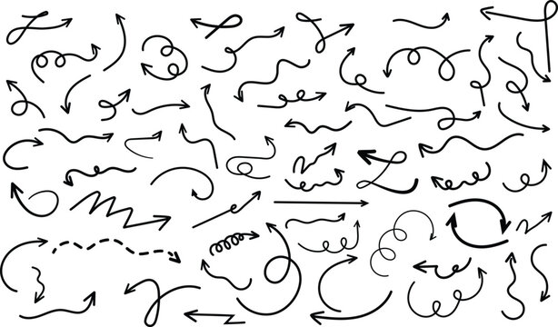 Charcoal hand drawn pencil arrows. Doodle curved chalk darts. Texture design elements of scribble lines. Vector illustration of hand painted crayon check lines.