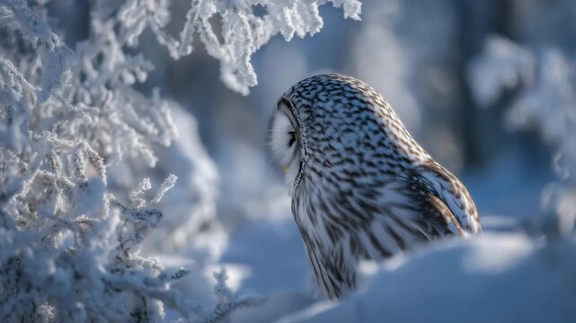 304Front-facing close-up of owl walking on snowy terrain, golden eyes piercing the camera, fine feather patterns emphasized, snow-covered branches blurred in background, serene and re