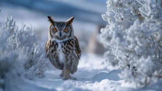 305Front-facing close-up of owl walking on snowy terrain, golden eyes piercing the camera, fine feather patterns emphasized, snow-covered branches blurred in background, serene and re